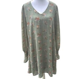 She+Sky Sage Green Floral V- Neck Long Sleeve Lightweight Large Cottage Dress